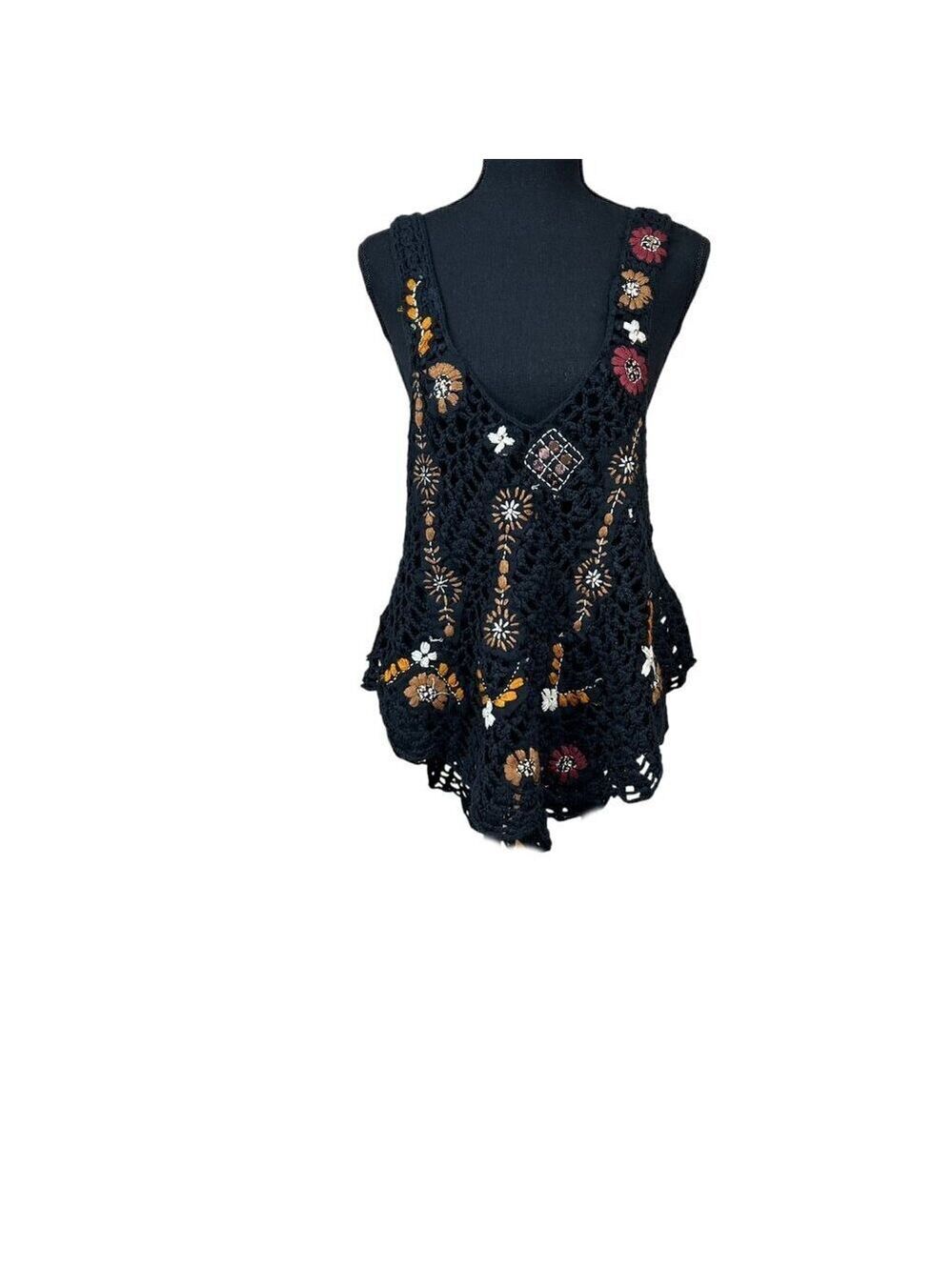Free People NWT Black Sheer Embroidered Crochet Back Tie Tank Top Size XS - Picture 4 of 13